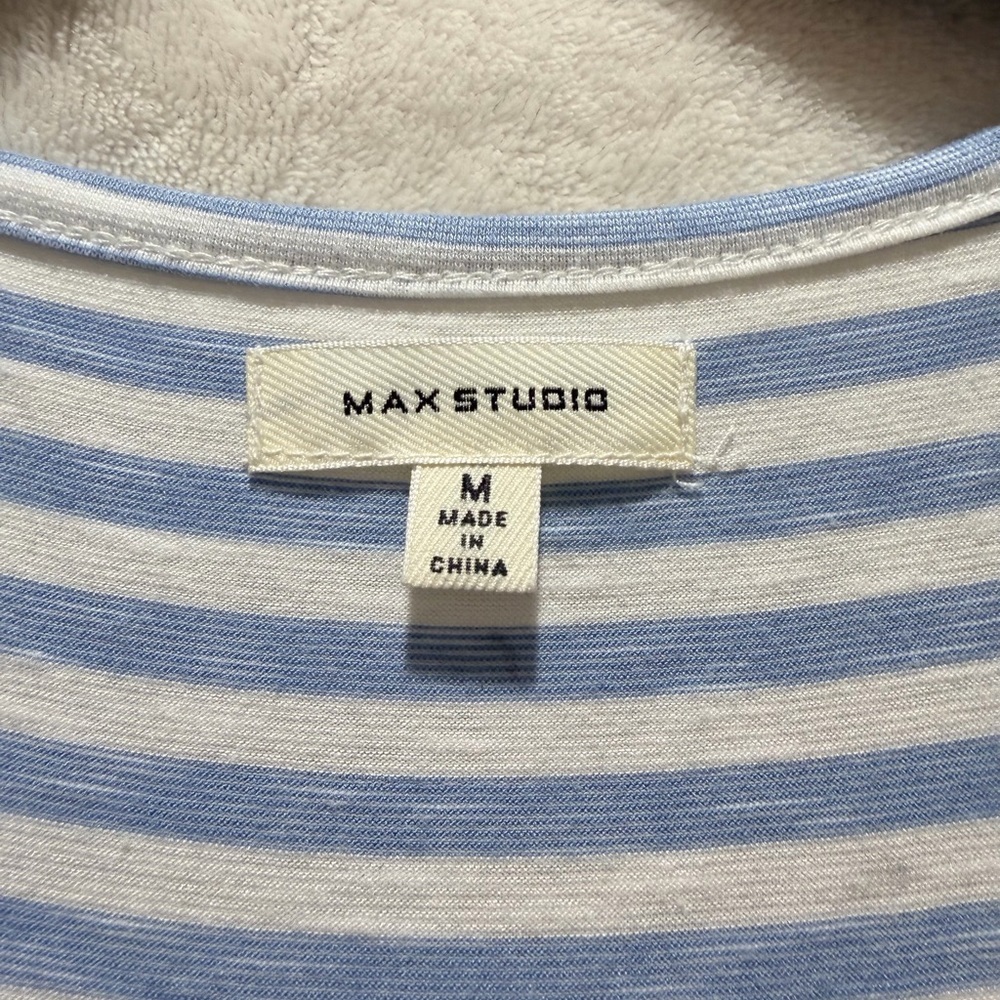 Summer Ready. Max Studio Blue Striped Tiered Midi Dress M Ruffle Sleeve - Picture 4 of 7